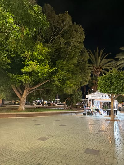 The image captures an outdoor scene at night in Sant Antoni De Portmany, Spain. A large, mature tree with a thick trunk and widespread branches dominates the left side of the frame, its leaves illuminated by artificial light. To the right of the tree, a white tent with the words "TEMPORARY TATTOO" visible on its side is set up. Several people are visible around the tent, with one individual seated at a table, appearing to be engaged in conversation or activity. Behind the tent, palm trees and other vegetation are present, silhouetted against the dark night sky. The ground in the foreground is paved with a patterned surface, reflecting some of the ambient light. In the background, streetlights and the lights of passing cars are visible, suggesting an urban environment.