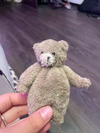 A close-up, eye-level shot shows a person's hand holding a small, light brown, worn teddy bear. The teddy bear has button eyes and a black nose with some loose white stitching around its snout. Its arms are outstretched to the sides. The background is out of focus and appears to be a wooden floor. The image does not contain information about the city of Vaganovo Massiv, Russia.