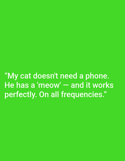 The image displays a green background with white text. The text reads: "My cat doesn't need a phone. He has a 'meow' - and it works perfectly. On all frequencies." There are no people, objects, or discernible environmental features present that would allow for a description of the city of Kępno, Poland.