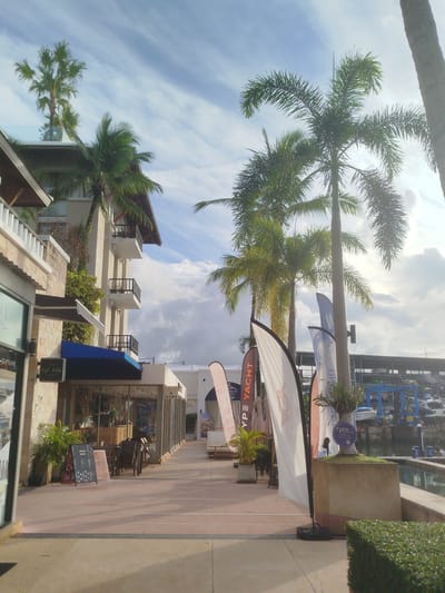 The image depicts a waterfront walkway lined with shops and palm trees. In the foreground, a paved walkway runs alongside a body of water with docked boats visible in the background. Several tall palm trees with fronds sway gently under a partly cloudy sky. White flags with various logos and text are displayed on poles along the walkway. The shops appear to be open, with awnings and tables set up outside some establishments. The architecture of the buildings is modern, with stone and stucco facades. The overall scene suggests a leisurely atmosphere in a tropical or subtropical setting.