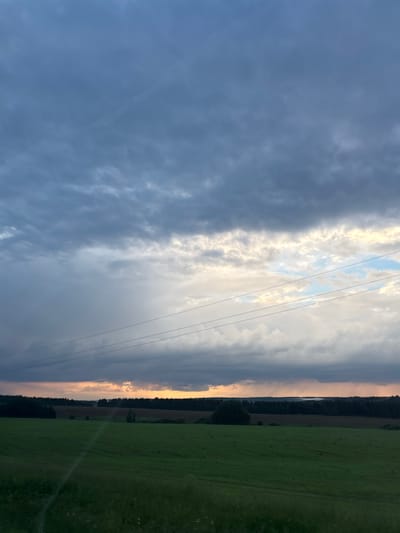 The image depicts a rural landscape under a dramatic sky. In the foreground, a vast green field stretches out, with hints of darker vegetation and possibly a pathway visible in the lower left. A dark line of trees forms a distinct horizon, separating the field from what appears to be a more distant, undulating terrain. Above this, a band of warm, orange and pink light suggests a sunset or sunrise, partially obscured by darker clouds. The sky is filled with a complex arrangement of clouds, ranging from deep, stormy greys at the top to lighter, more diffused clouds lower down. Three thin, dark lines, likely power lines, stretch horizontally across the middle section of the sky, creating a sense of depth and man-made presence within the natural setting. There are no people or animals visible in the image. The scene is characterized by muted natural colors and a somewhat somber, atmospheric quality due to the cloud cover and the approaching twilight. This image does not provide any specific details or context to pinpoint its location within the city of Krasnoyarsk, Russia.