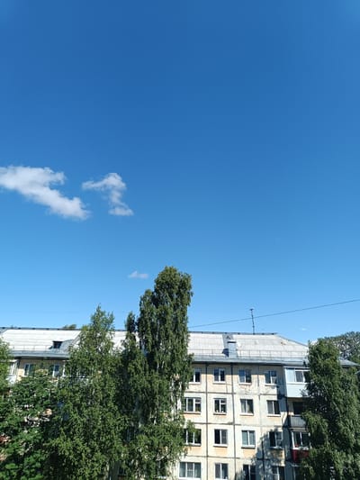 A clear blue sky dominates the upper portion of the image, with a few wispy clouds scattered on the left. Below the sky, a multi-story apartment building with a light-colored facade and a corrugated metal roof is visible. The building has numerous windows, some open, and balconies. Tall, leafy green trees stand in front of and to the sides of the building, partially obscuring it. Electrical wires and a small antenna are visible on the roof. The scene appears to be set during the daytime, likely on a sunny day with good visibility. There is no visible text in the image. The architecture and the presence of deciduous trees suggest a location in a temperate climate, consistent with Arkhangelsk, Russia. The overall impression is one of a typical urban residential scene under a bright sky.