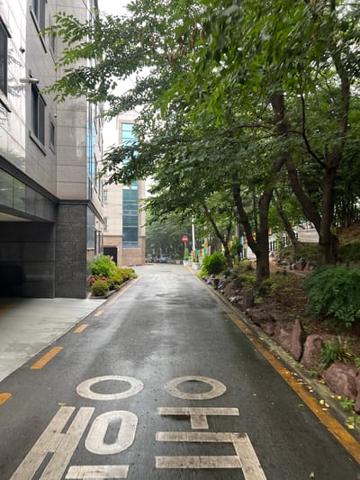 The image depicts a wet asphalt road with white markings in the foreground that appear to be Korean characters. To the left of the road is the side of a modern building with a grey tiled facade, black granite accents, and a covered walkway. Further down the road, there are more buildings with glass windows. To the right of the road is a landscaped area with trees, rocks, and green foliage. In the distance, several parked cars are visible. The scene suggests an urban or suburban environment, likely a street or alleyway, possibly in a residential or commercial area of Geoje-si, South Korea. The overall atmosphere is subdued, with overcast or rainy conditions indicated by the wet road surface and the soft lighting.