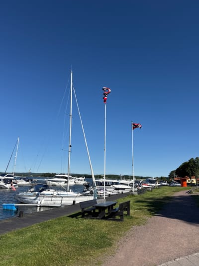 The image depicts a sunny day at a harbor, likely in Tønsberg, Norway, given the Norwegian flags visible. In the foreground, a wooden pier lines the water, with a grassy embankment and a gravel path running alongside it. A picnic table with benches is situated on the grass.

Several boats are docked, including sailboats and motorboats. The largest sailboat, in the center of the frame, has a white hull and tall mast. Further down the pier, other boats are moored. Two tall flagpoles stand near the water, each flying a Norwegian flag. The sky is clear and blue.

In the background, a tree-lined shore is visible with buildings, including what appears to be a red structure and some houses. A few cars are parked on a road or parking area behind the grass. The water is calm and reflects the clear sky. No specific actions or interactions between people are clearly depicted, although some figures are visible on the boats and near the shore.