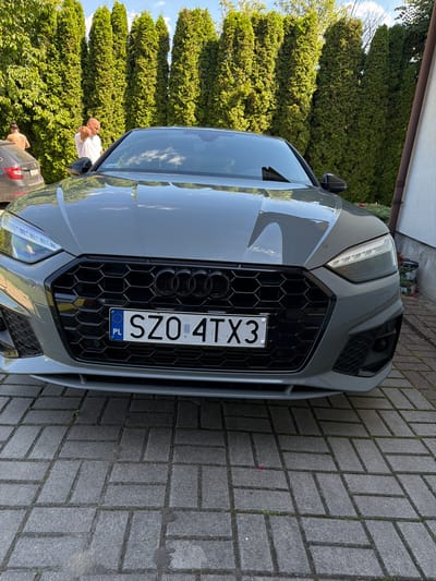 A gray Audi A5 is parked on a paved driveway in front of a row of tall evergreen trees and a white building. The car's license plate reads "SZO 4TX3". Two men are visible in the background: one wearing a white t-shirt and pointing, and another partially visible with his back to the camera. The overall scene suggests a residential setting in Strzyżowice, Poland, during daylight hours.
