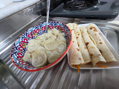 This is a close-up, eye-level shot of food prepared for a meal, likely in a kitchen. The setting is a stainless steel sink area, with a granite countertop and a gas stovetop visible in the background. A bowl with a vibrant, traditional pattern filled with boiled dumplings is positioned to the left. To the right, a rectangular white dish holds several rolled-up wraps, some with julienned carrots peeking out. The lighting is adequate, suggesting an indoor environment. The presence of the sink and stovetop indicates a domestic or commercial kitchen space. The specific location in Daejeon, South Korea, cannot be determined from the visual information alone.