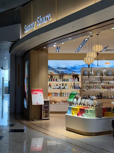 Here is a detailed description of the image:
**Scene:**
The image shows the interior of a store named "Sunny Share," possibly in a shopping mall or airport terminal. The store sells tea and related items, displaying them on shelves against a backdrop of a painted landscape. The perspective is from a slightly elevated position.
**Location:**
The store is located in the Baiyun District, China, based on the context of the image's location.
**Subjects:**
* **Store display:** The shelves are stocked with various teas, tea sets, and other related products.
* **Landscape painting:** A backdrop behind the shelves features a traditional Chinese landscape painting.
* **Signage:** There is signage in Chinese, as well as promotional material related to sales.
**Objects:**
* Shelves filled with tea products.
* Decorative lanterns hanging from the ceiling.
* Signage indicating safety instructions and promotional offers.
* Fire extinguisher and safety mask visible near the counter.
* The "Sunny Share" store name displayed with lights.
**Actions:**
The scene appears static, with no visible human activity. The store is set up for retail purposes.
**Interactions:**
There are no visible interactions in the image.
**Environment:**
The environment appears to be a well-lit, modern interior space with tiled flooring. The design of the ceiling and the curved walls suggests the store is part of a larger, possibly upscale commercial complex.