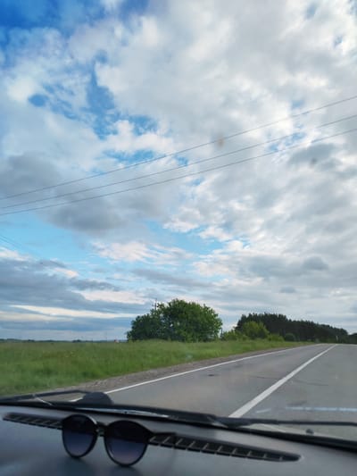 This image captures a view from inside a vehicle, looking out over a rural landscape in Malaya Purga, Russia. The upper portion of the frame is filled with a sky characterized by a mixture of white and grey cumulus clouds interspersed with patches of bright blue sky. Multiple dark power lines stretch horizontally across the middle upper section of the sky.

Below the sky, a two-lane asphalt road, marked with a solid white center line and a white shoulder line on the right, extends into the distance, exhibiting surface cracks and wear. To the left of the road, a wide expanse of green grassy field is visible, with a prominent cluster of lush green trees in the mid-ground, and the field continuing towards a distant horizon. To the right of the road, a grassy verge transitions into a line of dense green trees, backed by a darker forested area. A utility pole, supporting the power lines, is partially visible on the far right, positioned among the trees.

The immediate foreground shows the dashboard of the vehicle, with a pair of dark-lensed sunglasses resting on it in the lower center. No individuals are visible in the scene.