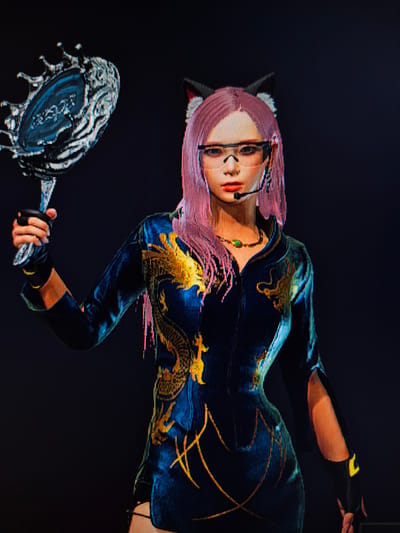 The image shows a digital rendering of a female character with pink hair, cat ears, glasses, and a headset. She is wearing a blue and gold dragon-themed outfit and holding a decorative mirror. The background is black. There is no discernible location in the city of Taldykorgan, Kazakhstan, as this is a virtual character.