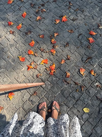 An overhead shot shows a person's feet and lower legs from the knees down, clad in a flowing white and black patterned dress and dark green strappy sandals, standing on a dark gray cobblestone path. The cobblestones are laid in a diagonal pattern and appear wet or slick. Scattered across the path are numerous bright orange and reddish-brown fallen flower petals, along with a few dried leaves and small dark debris. A light brown, smooth wooden pole or railing runs diagonally across the lower left portion of the image, casting a subtle shadow. The scene suggests an outdoor environment, possibly a garden or walkway in Tampaksiring, Indonesia, given the lighting and the presence of tropical flora. The lighting indicates it is daytime, with strong shadows indicating sunlight.