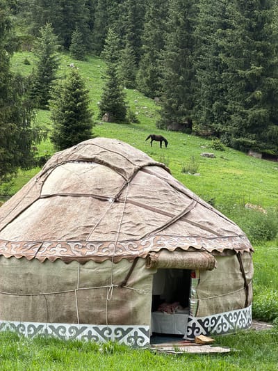 The image depicts a yurt, a traditional portable dwelling, situated in a lush green mountainous landscape in an unknown location in Kyrgyzstan. The yurt is made of fabric stretched over a collapsible wooden frame, with a conical roof. It has decorative patterns around the base and a rolled-up flap covering the entrance. Inside the partially visible interior, a bed with blankets is apparent. In the background, a dark-colored horse grazes on a grassy slope dotted with rocks and scattered evergreen trees. The overall environment suggests a natural, possibly rural or nomadic setting within the mountainous terrain of Kyrgyzstan.