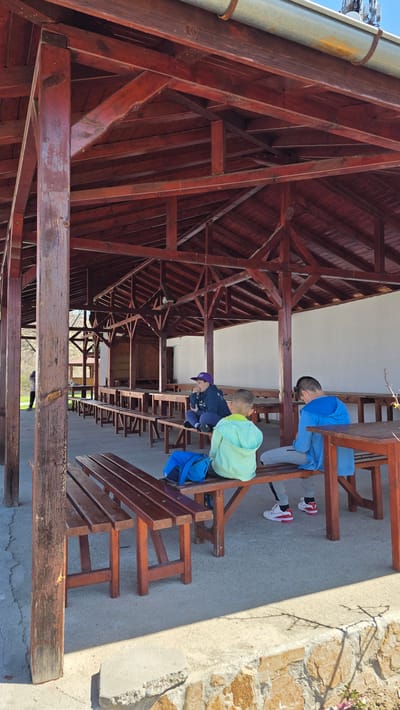 Two boys are seated at a wooden picnic table under a wooden-framed building. The boy on the left wears a light blue jacket and gray pants and the boy on the right wears a blue jacket, dark pants, and a purple hat. They are both looking down. A blue backpack is next to the boy on the right. The building is located in Elenovo, Bulgaria. The building has a dark reddish-brown wooden frame and a roof. The benches are also made of reddish-brown wood. Outside of the building is a concrete floor and a stone wall.
