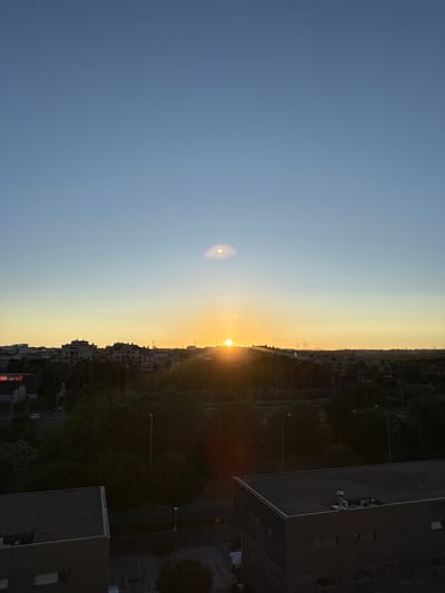 This image depicts a cityscape at sunset, with the sun low on the horizon. The sky transitions from a clear blue on the left to a warm yellow and orange gradient on the right, indicating the time of day. Silhouetted against the sky are buildings and trees, forming a dense urban environment. The buildings are multi-story structures with visible windows and rooftops, suggesting a residential or commercial area. Trees line the streets, some with visible streetlights among them. The overall scene is one of an urban landscape bathed in the soft, warm light of a setting sun.
Notable details include the sun itself, which is a bright, distinct orb on the right side of the image. There is a lens flare present in the sky, a common artifact when photographing bright light sources. In the foreground, on the left side of the image, a sign is visible with red and white lettering, though the text is partially obscured. The image is oriented vertically, with the horizon running from top to bottom through the center. The location is contextually identified as Loures, Portugal. The time of day is clearly sunset due to the lighting and sky colors. The weather appears clear. No people are explicitly visible in the image. The overall mood conveyed is one of tranquility and the peaceful end of a day in an urban setting.