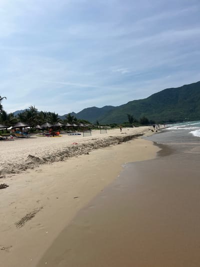 The image depicts a wide, sandy beach with calm, turquoise water gently lapping at the shore. Lush green mountains form a dramatic backdrop to the scene. In the foreground, the sand is smooth and sun-drenched, with the wet sand transitioning into dry, rippled sand further inland. A row of thatched-roof umbrellas and lounge chairs are positioned along the edge of the dry sand, suggesting a resort or recreational area. A few people are visible on the beach, some walking near the water's edge, while others are closer to the umbrellas, possibly relaxing or engaging in beach activities. Kayaks and other water sports equipment are also present near the umbrellas, indicating opportunities for recreation. The sky is a clear, pale blue with a few wispy clouds, hinting at a pleasant day. The overall impression is one of a serene and inviting coastal destination, likely within the vicinity of Cam Lam, Vietnam, known for its beautiful beaches and mountainous terrain.
