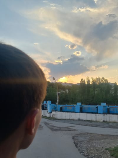 This is a vertical, close-up shot of a person's head and ear in the foreground, looking out towards a sunset over a line of blue shipping containers. The sky is filled with dramatic, sunlit clouds, with the sun itself partially obscured by clouds, casting rays of light. The scene suggests an industrial or port setting, with the containers lined up against a concrete barrier and a gravelly, paved area. Trees are visible behind the containers, forming a green backdrop against the hazy mountains in the distance. The time of day is clearly sunset, indicated by the warm hues in the sky and the low angle of the sun. The overall mood is serene, with the natural beauty of the sunset contrasting with the man-made structures. There is no visible text in the image.