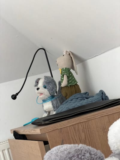 The media file displays a close-up, rotated shot of a stuffed dog and a stuffed rabbit, placed on a surface that appears to be a wooden shelf or dresser. The stuffed dog is a husky with grey and white fur, blue eyes, and a pink tongue. It wears a light blue collar. The stuffed rabbit is light brown with long ears and wears a green and brown knitted outfit. Behind the stuffed animals, there is a folded blue knitted blanket and a black zippered bag or pouch. The background is a plain white wall, which slopes upwards and inwards, suggesting an angled ceiling or corner. A black gooseneck lamp with a small, round head is positioned in front of the stuffed animals, with its arm curved over them. The scene is indoors, with neutral lighting. There is no visible text in the image. The overall impression is of a display of toys on a piece of furniture.