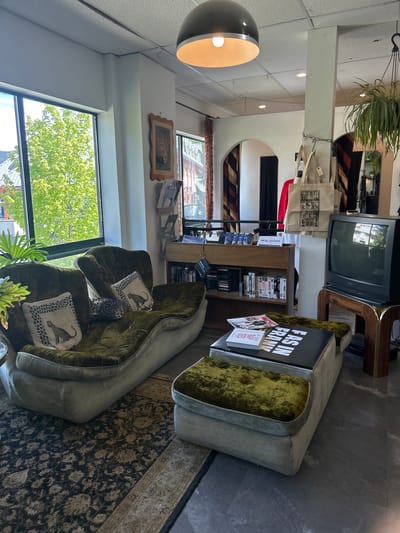 The scene appears to be the interior of a retail establishment or perhaps a communal area of a building in Whistler, Canada. The image captures a lounge area with a distinctive, vintage aesthetic. Dominating the view is a two-piece, olive-green velvet sofa set with decorative pillows featuring cheetah patterns. The sofa is positioned on a patterned rug with brown and black tones. Near the sofa, a side table displays a stack of books and magazines. Above the sofa, a shelf unit holds books and a CRT television. Additional shelves are lined with books and tote bags. Through a large window, greenery is visible, suggesting an outdoor area with trees. Overhead, a modern spherical lamp illuminates the space. A small "Real Estate" sign is visible.