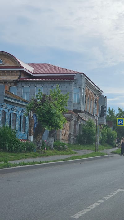 A medium-shot, eye-level, vertical outdoor photograph captures an urban street scene in Kamensk-Uralsky, Russia, on a cloudy day. The foreground features a gray asphalt road with a white dashed line marking a lane. A gray concrete curb separates the road from a grassy verge, where a mature tree with thick, gnarled trunks stands prominently. Pink flowers bloom at the base of the tree. Behind the tree, a section of a blue wooden house with ornate white trim and shutters is visible, followed by a gray, multi-story building constructed of cinder blocks and adorned with decorative elements. The building has a red tiled roof. Further to the right, a traffic light and a pedestrian crossing sign are present. Two people are visible in the background, one on a bicycle and another walking, near the crossing. The sky is overcast with visible clouds.