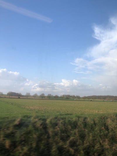 The image depicts a rural, agricultural landscape near Hochfelden, France, under a partially cloudy blue sky. The foreground, occupying the bottom approximately 15% of the frame, consists of heavily motion-blurred dark green and brown vegetation, suggesting observation from a moving platform. The midground features expansive green and brown cultivated fields. A linear arrangement of leafless deciduous trees, indicative of a roadside or path, horizontally transects the midground. Along this line, a dark agricultural vehicle, possibly a tractor, is visible on the far left. Further to the right, two light-colored passenger vehicles and one dark vehicle are positioned on what appears to be a road. The background comprises additional fields and a dense line of deciduous trees forming a distant treeline or forest edge. The lighting suggests daytime conditions. No human figures are discernible.