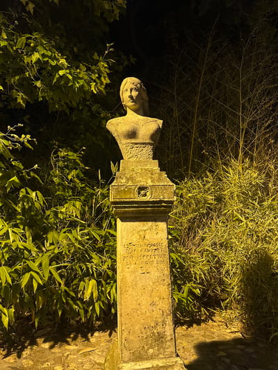 The image depicts a stone bust of a woman on a pedestal in Anduze, France. The bust and pedestal are illuminated by artificial light, creating strong shadows. Surrounding the monument are lush green foliage and dry bamboo stalks, indicating an outdoor setting, likely a garden or park. The pedestal features inscriptions, although they are partially obscured by the lighting and the texture of the stone. The bust itself is weathered, showing signs of age and exposure to the elements. The background is dark, suggesting nighttime. The overall scene is somber and atmospheric, with a focus on the solitary monument against the natural backdrop.