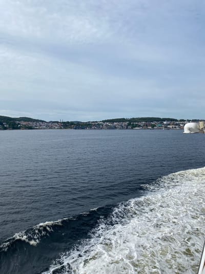 This image depicts a view from a vessel, likely a ferry or ship, sailing through a body of water. The scene is dominated by the dark, choppy water on the right, with a foamy white wake trailing the vessel. On the left, a densely populated coastline stretches into the distance. Buildings, varying in color and size, are nestled amongst lush green trees that cover a sloping hillside.
The time of day appears to be daytime, with the sky a soft, overcast blue, suggesting cloudy or hazy weather. The location appears to be a coastal town or city, with the presence of numerous buildings along the shore. The choppy water and the wake indicate that the vessel is in motion, moving along the coastline. There are no people or specific objects clearly identifiable in the foreground or on the coastline. The overall mood is serene, with the vastness of the water and the detailed coastline creating a sense of journey and observation. No text is visible in the image.