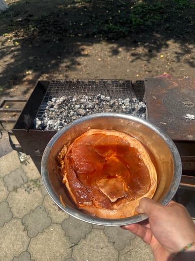 This is a top-down, close-up shot of a person's hand holding a metal bowl filled with marinated meat, likely pork, over a barbecue grill. The meat is a reddish-brown color, suggesting it has been seasoned or marinated. Sliced onions are visible beneath the meat in the bowl. The barbecue grill is made of metal and contains hot coals, indicating it is either being prepared for use or is actively cooking. In the background, a patch of dirt with scattered leaves and grass is visible, along with some paved ground with a decorative pattern, possibly a patio or walkway. The lighting suggests it is daytime, with sunlight casting shadows from unseen trees onto the dirt. The overall scene depicts outdoor cooking, possibly a backyard barbecue. There is no visible text in the image. The location context is Zugdidi, Georgia.