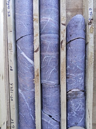 This media file displays four sections of rock cores, likely from a geological survey, arranged vertically within wooden supports. The rock appears to be a purplish-gray color with numerous white, irregular veins running through it, suggesting a metamorphic or igneous origin. The cores show signs of fracturing, with some pieces broken off.
Visible text on the wooden supports includes: "чч. себе", "go", "OT-184.5", "G 35", and "186.7". The context provided indicates the location is Raygorodok, Kazakhstan. The image is an overhead shot, with consistent lighting, making it difficult to determine the time of day or weather conditions. The setting appears to be an indoor or sheltered area, possibly a laboratory or storage facility for geological samples. No people are visible. The overall impression is one of scientific documentation and geological exploration.