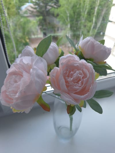 A close-up, eye-level, outdoor, medium shot shows a bouquet of artificial pink peonies in a clear glass vase on a white windowsill. The peonies are tightly clustered, with delicate, ruffled petals. Some are in full bloom, while others are still budding. Green artificial leaves and stems are visible, some showing red accents. The vase is half-filled with water. In the background, through a window with blinds, there is a blur of green trees and a hint of a building with a blue roof, suggesting a residential area in Новобурейский, Russia, on a bright, overcast day. The lighting is soft and diffused.