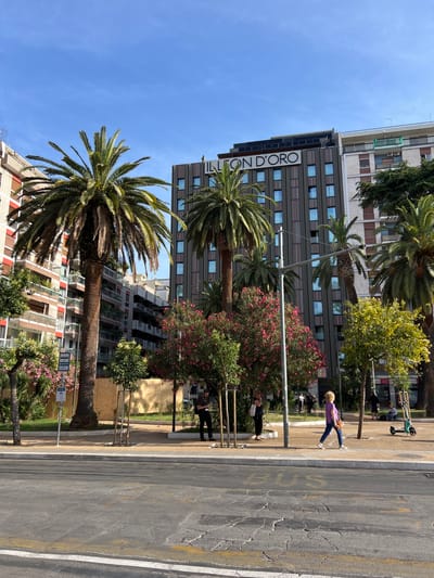 The image depicts a street scene in Bari, Italy, featuring the "LEON D'ORO" hotel. Several palm trees are present, with one large palm in the foreground. The hotel, a modern building with a dark facade and numerous windows, dominates the background. Adjacent to the hotel are apartment buildings with balconies. In front of the hotel, there is a public area with landscaping, including flowering bushes and smaller trees. People are visible walking on the sidewalk, and an electric scooter is parked on the right side of the sidewalk. The street in the foreground shows a marked bus lane. The sky is clear and blue.