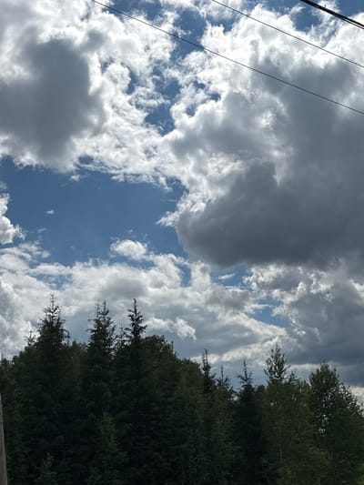 The image presents a view of the sky with a mix of cumulus and cumulonimbus clouds, some dark gray indicating potential rain. Blue sky is visible in patches between the clouds. In the upper left of the image, power lines stretch across the frame. The right side of the image is filled with the dark green foliage of trees, possibly evergreens given their density. The location is likely outdoors. The exact location within Nizhnyaya Gar', Russia cannot be determined from the image. There are no people or discernable actions in the image.