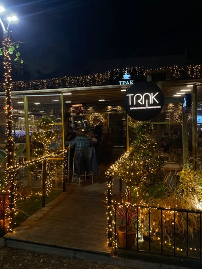 The image captures a vibrant outdoor or semi-outdoor cafe or restaurant scene at night in Chaidari, Greece. The establishment is brightly illuminated by countless warm-toned string lights, which are strung across the facade, wrapped around potted plants, and draped along railings, creating a festive and inviting atmosphere.
Several patrons are visible, seated at tables within the illuminated area, engaging in dining or socializing. One individual wearing a plaid shirt is clearly seen from the back, seated at a table. The setting features a wooden deck or floor, suggesting an outdoor patio space, bordered by metal railings and what appear to be glass partitions, offering a blend of open-air and sheltered seating. Various potted plants and shrubs are integrated into the decor, further enhancing the natural and cozy ambiance, especially with the added lights.
Prominently displayed is a large circular black sign with white text that reads "TRNK" in a bold, modern font. Below "TRNK", smaller vertical text lists the services offered: "COFFEE | COCKTAIL | BRUNCH | DRINK". To the left of this sign, a smaller rectangular black sign features a white coffee cup icon and the word "TPAK". The dark night sky serves as a backdrop, making the artificial lights stand out vividly. The overall impression is one of a lively, comfortable, and well-decorated spot for evening refreshments and gatherings.