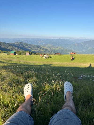 This is a vertically oriented photograph taken from a high vantage point, looking down a grassy slope towards a valley and distant mountains. The foreground features the legs of a person wearing light-colored Crocs and denim shorts, sitting in tall green grass. To the left, the scene opens up to a vast expanse of blue sky and a hazy, layered landscape of mountains and valleys.

In the middle ground, several horses are grazing on a vibrant green meadow. A dirt path winds through the grass. There are a few small structures visible in the valley below, including a wooden building with a green roof and another with a brown roof. The overall setting appears to be a rural, mountainous area.

The sunlight suggests it is either late afternoon or early morning, casting long shadows across the grass. The weather appears clear and fair, with a bright blue sky. The mood is peaceful and relaxed, evoking a sense of enjoying nature. There is no visible text in the image.
