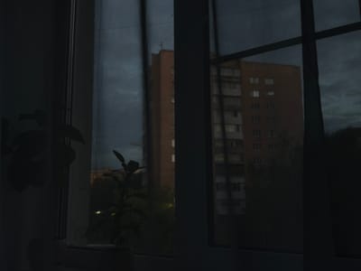 The image depicts a view from a window in Sof'ino, Russia, at dusk or early evening. Through a sheer curtain and window panes, a multi-story apartment building is visible in the background. The building, possibly constructed of brick, has a reddish-orange hue and is punctuated by numerous rectangular windows, some of which are illuminated. Trees and other foliage are present between the window and the building, obscuring the lower portions of the structure. In the foreground, on the windowsill, are two potted plants, one larger with broad leaves on the left and a smaller, more slender plant with sparse leaves on the right. The interior of the room is dimly lit, with the window serving as the primary source of ambient light. The overall atmosphere is subdued and quiet, suggesting a peaceful domestic setting observed during twilight hours.