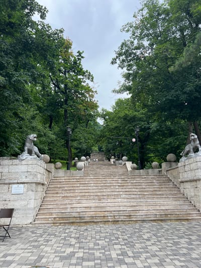 In Zheleznovodsk, Russia, the image depicts a grand stone staircase leading upwards, flanked by lush green trees. The staircase is wide and appears to be made of stone or concrete with stone accents. On either side of the base of the staircase, stone lion statues are prominently displayed. These statues are metallic and detailed, with open mouths as if roaring. Interspersed along the ascending sides of the stairs are spherical decorative elements, resting on stone pedestals. Lampposts are visible along the sides of the staircase, suggesting it is a well-lit area. A few individuals are ascending the stairs in the distance, appearing as small figures against the expansive staircase. The ground in front of the stairs is paved with a patterned arrangement of light and dark grey square tiles. A dark brown folding chair is situated to the left of the staircase at the bottom. The sky is overcast, contributing to a subdued lighting environment. The overall scene conveys a sense of monumental architecture integrated with nature.