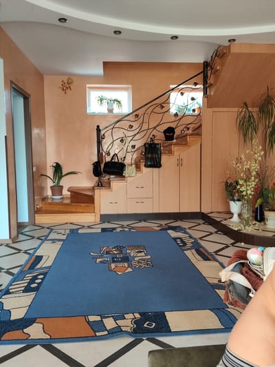 The image depicts the interior of a well-lit, multi-level residential space, possibly a foyer or living area, located in Buhaivka, Ukraine. A prominent blue rug with an intricate geometric pattern covers a significant portion of the tiled floor. To the left, a wooden staircase with a decorative wrought-iron railing ascends. The walls are painted a warm peach hue.
Various objects are present: several potted plants are strategically placed, including a large one near the staircase and others to the right of the stairs. Bags, including a black tote and a lighter colored handbag, are seen hanging from the stair railing. A black baseball cap with an embroidered logo rests on the railing. The staircase itself has integrated wooden cabinets with light-colored drawers.
Above the staircase, a window provides natural light, and above that, recessed ceiling lights are visible. Decorative wall sconces are also present. The overall environment suggests a domestic setting, possibly a home or a small apartment complex, with an emphasis on decorative elements and the functional use of space. The lighting appears to be a combination of natural and artificial sources, creating a bright and inviting atmosphere.