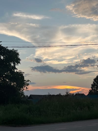 The image depicts a rural landscape in Ludorvay, Russia, at dusk. The sky is filled with wispy clouds tinged with the warm hues of sunset, ranging from pale yellow to soft orange and pink. A few darker, more defined clouds are scattered across the sky. Three power lines stretch horizontally across the upper portion of the frame, with silhouetted trees on the left and right edges of the image. In the middle ground, the dark shapes of houses with steeply pitched roofs are visible behind a dense patch of tall, green grass and foliage. A thin, straight tree stands prominently in front of one of the buildings. The foreground shows a strip of asphalt road with a faint white line.