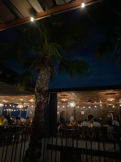The image shows a night scene in Oaxaca City, Mexico, with a palm tree prominently featured against the night sky. The right side of the frame reveals a multi-level establishment, seemingly a restaurant, with people dining. Strings of lights and decorative light fixtures illuminate the indoor and outdoor spaces. The structure has a modern design with metal accents and open-air areas. People are seated at tables, engaged in dining and conversation. The environment suggests a lively evening atmosphere.