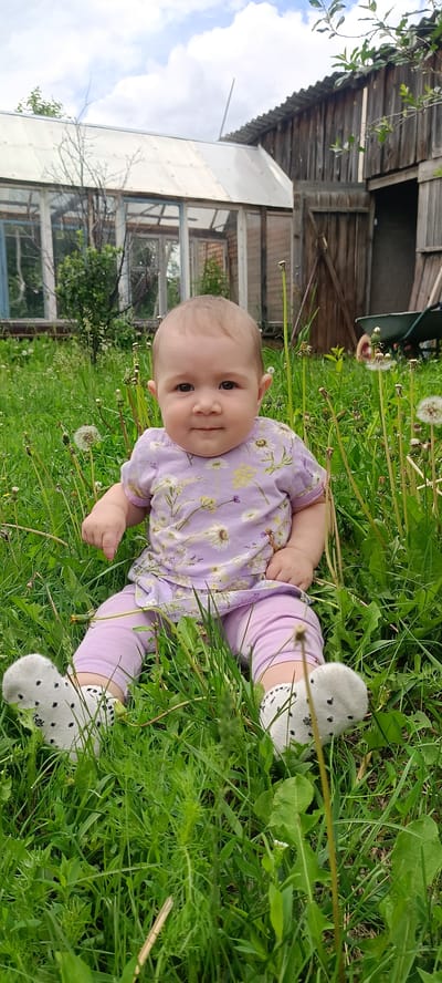 A young baby, likely under one year old, sits in a grassy yard surrounded by dandelions and other green foliage. The baby is wearing a light purple t-shirt with a floral pattern and light purple leggings, along with white socks with black polka dots. The background shows a greenhouse with a transparent roof and windows, and a rustic wooden building with an open door. A wheelbarrow is partially visible near the wooden structure. The scene appears to be an outdoor residential area, possibly in a village or dacha community. The location is described as being in Каменное, Russia. The weather seems to be cloudy with patches of blue sky.