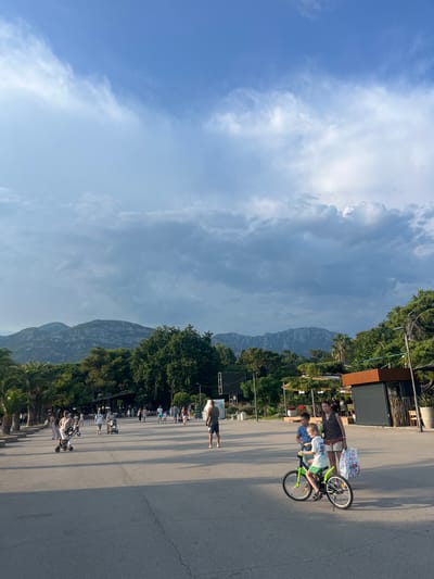 This media file depicts an outdoor scene in Polje, Montenegro. The image is oriented vertically, showing a pathway or road with people and bicycles. The sky is a mix of blue and white clouds, suggesting daytime with potentially dynamic weather. In the background, a lush green mountain range is visible, indicating a natural, possibly tourist-oriented, location.

The foreground features several individuals and objects. Two children are on a bright green bicycle in the center of the frame, with an adult woman standing behind them. The woman appears to be holding shopping bags. Further down the path, a line of people are walking or standing, some appearing to be children or part of a group. There are several bicycles and what look like electric scooters or mobility devices scattered among the people. A man is standing in the foreground on the right side, facing away from the camera.

The overall atmosphere seems relaxed and leisurely, with people enjoying an outdoor activity. The time of day appears to be late afternoon or early evening, given the angle of the shadows cast on the ground. The setting looks like a promenade or a park area adjacent to a natural landscape. There is a building with a wooden facade and corrugated metal details visible on the left side, suggesting a commercial establishment like a cafe or shop.

No discernible text is visible in the image.