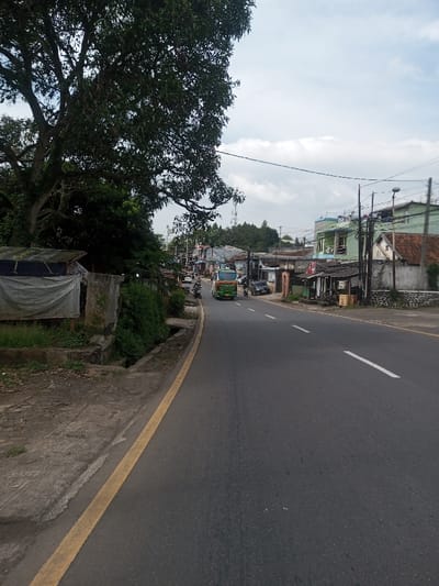 This image depicts a street scene in Chhenangri_Rishor, Bhutan, viewed from a low angle looking down an asphalt road on an overcast day. A large, densely foliated deciduous tree dominates the upper left foreground. Below the tree, on the left side of the road, is a concrete sidewalk or shoulder edged by a solid yellow line. Parallel to the road, a concrete drainage ditch runs alongside an area with overgrown green vegetation and rudimentary structures partially covered by white or grey tarpaulins/canvas.
The two-lane asphalt road, dark grey in color, features a white dashed line indicating the center. A green and orange medium-duty vehicle, possibly a truck or small bus, is positioned in the far lane, moving away from the viewer. Several motorcycles are visible near this vehicle on the left side of the road. Further down the street on the right, a dark-colored car is parked.
The right side of the road is lined with various buildings, displaying diverse architectural styles and materials, including a prominent light green multi-story building. Utility poles with overhead lines are visible along both sides of the street. In the background, more buildings and trees are present, and an antenna tower rises on the distant left. The sky is overcast with white clouds. No discernible individuals are visible.