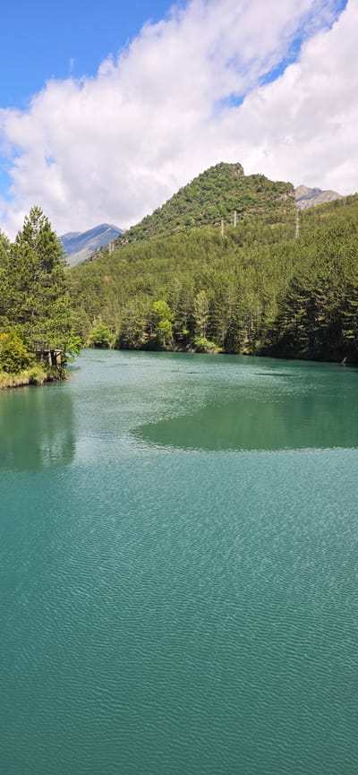 The image shows a body of water, likely a lake or reservoir, located near the town of Campo in Spain. The water is a distinctive blue-green color, with ripples across its surface indicating wind activity. A steep, forested hillside borders the water on one side. The hillside is densely covered with trees, primarily green, with some lighter shades suggesting variations in species or maturity. A power line is visible running up the hillside.  On the opposite side of the hillside, there are clouds and blue sky. The clouds are mainly white and cover a significant portion of the sky, reflecting in the lake. A small structure or dock is barely visible amongst the trees at the water's edge. A mountain is slightly visible behind the cloud. The scene appears to be taken during daylight hours under a partly cloudy sky.
