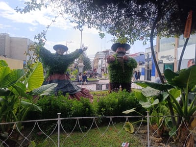 The image shows a park in the city of Tacna, Peru. In the foreground are two topiary sculptures of traditionally dressed figures: a woman with her arms raised, wearing a dress and hat, and a man with a mustache, playing a pan flute, and wearing a hat. They are surrounded by vegetation and are enclosed by a white, decorative metal fence. Behind the sculptures is a small plaza with benches where people are sitting. In the background are buildings, some with commercial signage, lining the street. The sky is partially cloudy.
