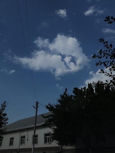 This is a photograph taken from a low angle, looking up at a blue sky with scattered white clouds. Two dark power lines stretch diagonally across the upper portion of the frame. In the distance, a small, dark object, possibly an airplane, is visible against the sky. The upper branches of a dark green tree are visible on the right side of the image, silhouetted against the sky. Below the sky, a long, light-colored building with a gray roof and multiple windows is visible. A utility pole stands in front of the building, with more power lines running horizontally across the scene. The bottom portion of the image is dominated by the dark silhouette of a large tree. The scene appears to be set in an outdoor, possibly residential or institutional, environment. The context of Gumbaz, Uzbekistan, is not visually evident in the provided image.