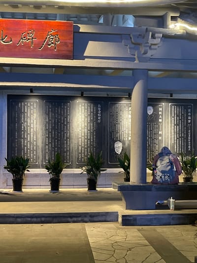 The scene is a stone-paved area in front of a building. There are four black plaques mounted on the building wall, each with a black background and gold lettering. The plaques contain Chinese writing and portraits of older men. The scene is illuminated by overhead lighting. Four potted plants are arranged in front of the plaques. A person is sitting on a stone bench, facing the plaques, and has their back to the camera. They are wearing a dark hoodie and a gray backpack. The scene is located in Hangzhou Shi, China, at the coordinates 30.177, 120.145.