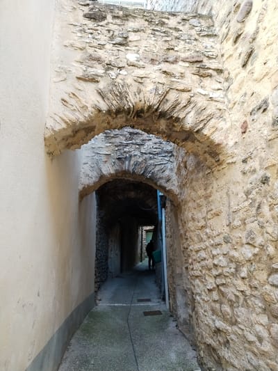 A narrow passageway is framed by an arched stone structure. The archway is constructed of roughly hewn stones, leading into a darker, enclosed space. Walls on either side are made of mixed stone and plaster, reflecting varying degrees of light. A figure, possibly carrying a container, is seen further down the passage. The ground is paved, suggesting pedestrian use. The overall scene conveys a sense of old-world architecture and limited visibility.