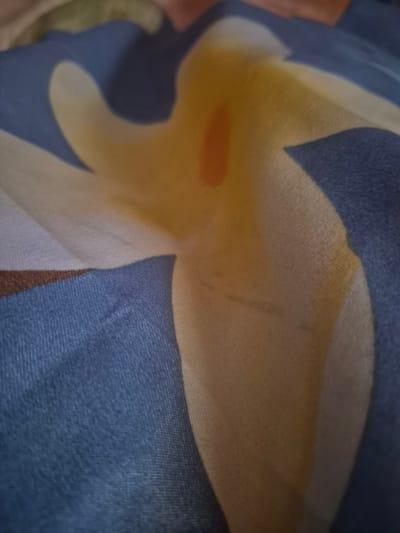 This media file displays a close-up, abstract view of a fabric with a printed pattern. The primary colors are blue, yellow, and white, with some hints of orange and brown. The fabric appears to be draped, creating folds and shadows that give it a three-dimensional quality. The pattern on the fabric is floral or petal-like, with soft, organic shapes.
There are no people or specific objects clearly identifiable beyond the fabric itself. The scene is abstract and lacks any environmental cues that would suggest a specific time of day, weather, or location beyond the provided context of Švenčionys, Lithuania. The focus is entirely on the texture and pattern of the material. No text is visible in the image.