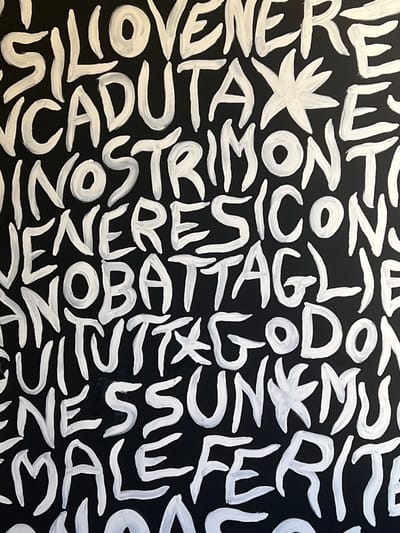 The image displays a black surface covered with white, hand-painted text in a bold, somewhat distressed font. The text is arranged in lines and appears to be in Italian. Some words are partially obscured by others, and the lettering is not perfectly uniform, suggesting it is part of a larger piece of art or signage. The overall impression is of a vibrant, textured, and potentially urban artistic expression. The image does not provide any specific visual cues to determine its location within the city of Palermo, Italy, or details about people, actions, or interactions.