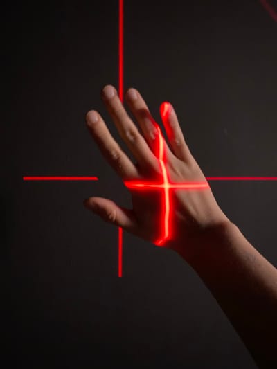 A person's hand is positioned against a dark, textured background. Several red laser lines intersect on and around the hand, forming a cross shape on the back of the hand and extending outwards horizontally and vertically. The lighting is dim, with the red lasers being the primary light source illuminating the hand and parts of the background. The scene appears to be indoors, with no discernible urban features or reference to Jinniu District, China.