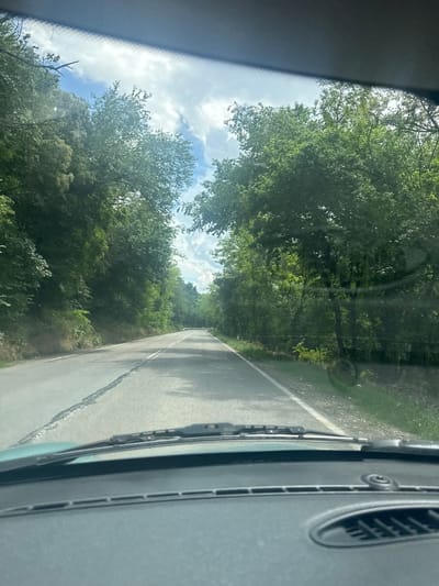 The image presents a forward-facing view from inside a vehicle traveling on an asphalt road in Kamen Dial, Bulgaria. The road is two-laned, marked with solid white lines on the shoulders and a dashed white line in the center, and shows signs of wear and cracking. It curves gently to the left and ascends slightly into the distance. Dense, lush green trees and vegetation line both sides of the road, forming a natural canopy overhead. Above the tree line, a partly cloudy sky with patches of blue and white cumulus clouds is visible. The lower portion of the image shows the dark gray dashboard of the vehicle, including air vents and the base of the windshield wipers. No people, other vehicles, or specific human actions are present in the scene. The environment is rural, characterized by extensive natural forestation.