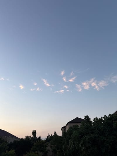 The image depicts a sky scene with scattered, wispy clouds tinged with pink and orange, suggesting it is either sunrise or sunset. The majority of the frame is filled with a gradient of blue sky, transitioning to a lighter, warmer hue near the horizon. On the right side of the image, the tops of lush green trees are visible, along with the dark roof of a building. Further down the right edge, hints of other buildings and trees can be seen, along with a glimpse of what might be water in the distance. The overall scene evokes a sense of calm and tranquility. The orientation of the image is portrait, as if the camera was held vertically. There is no visible text.